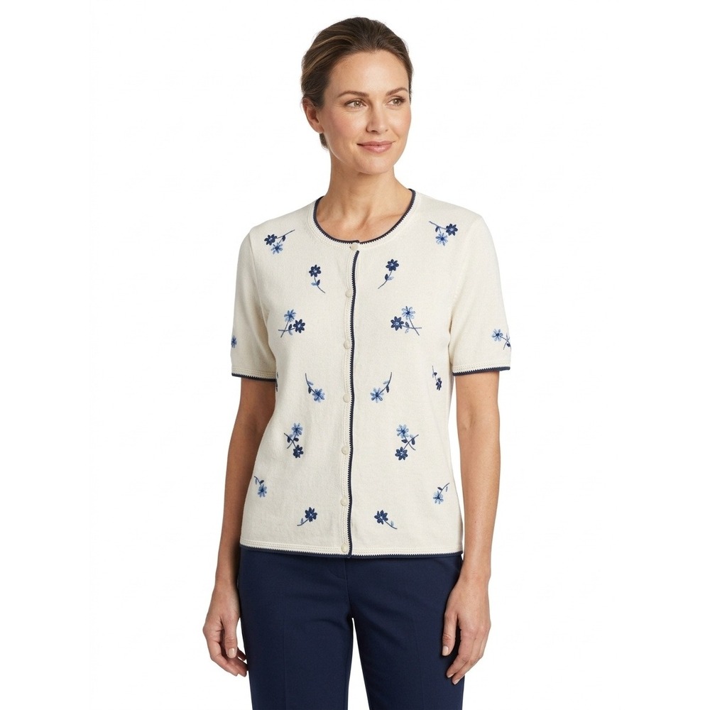 Pendleton Womens Large Ivory White Blue Floral Embroidered Cotton Cardigan